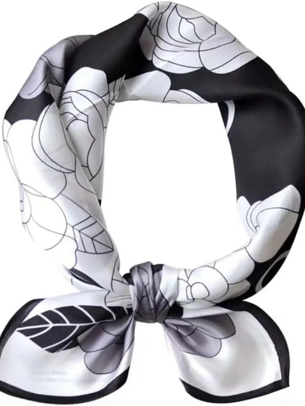Women's Black white Camelli Square Scarf for Hair Digital Printed Headscarf Silk